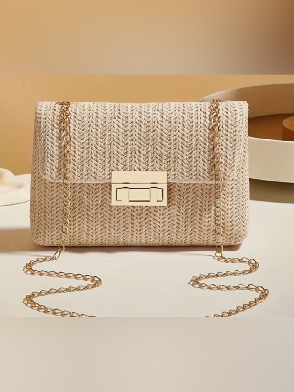 Woven Cream Clutch with Gold Chain Strap